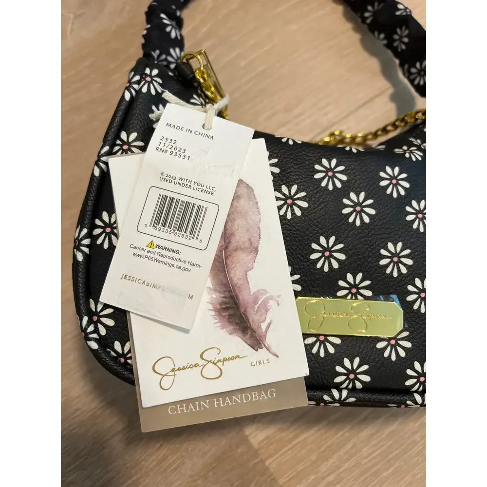 NWT Jessica Simpson Girls Floral Crescent Shoulder Bag Black